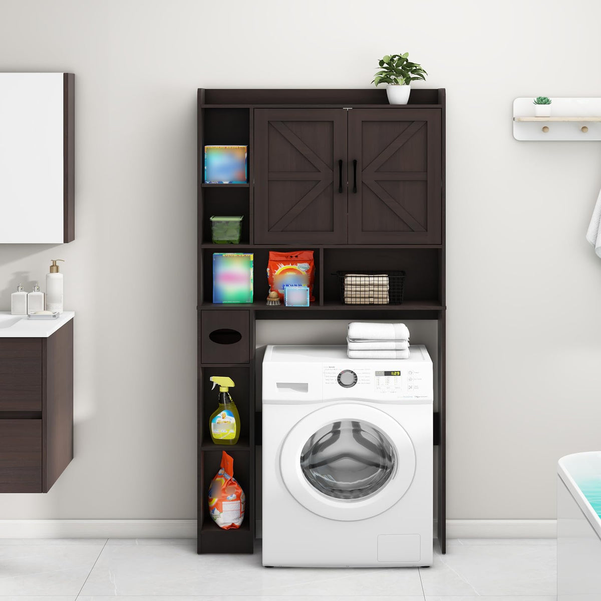 Over The Toilet Storage Cabinet with 2 Barn Doors, Espresso A742180