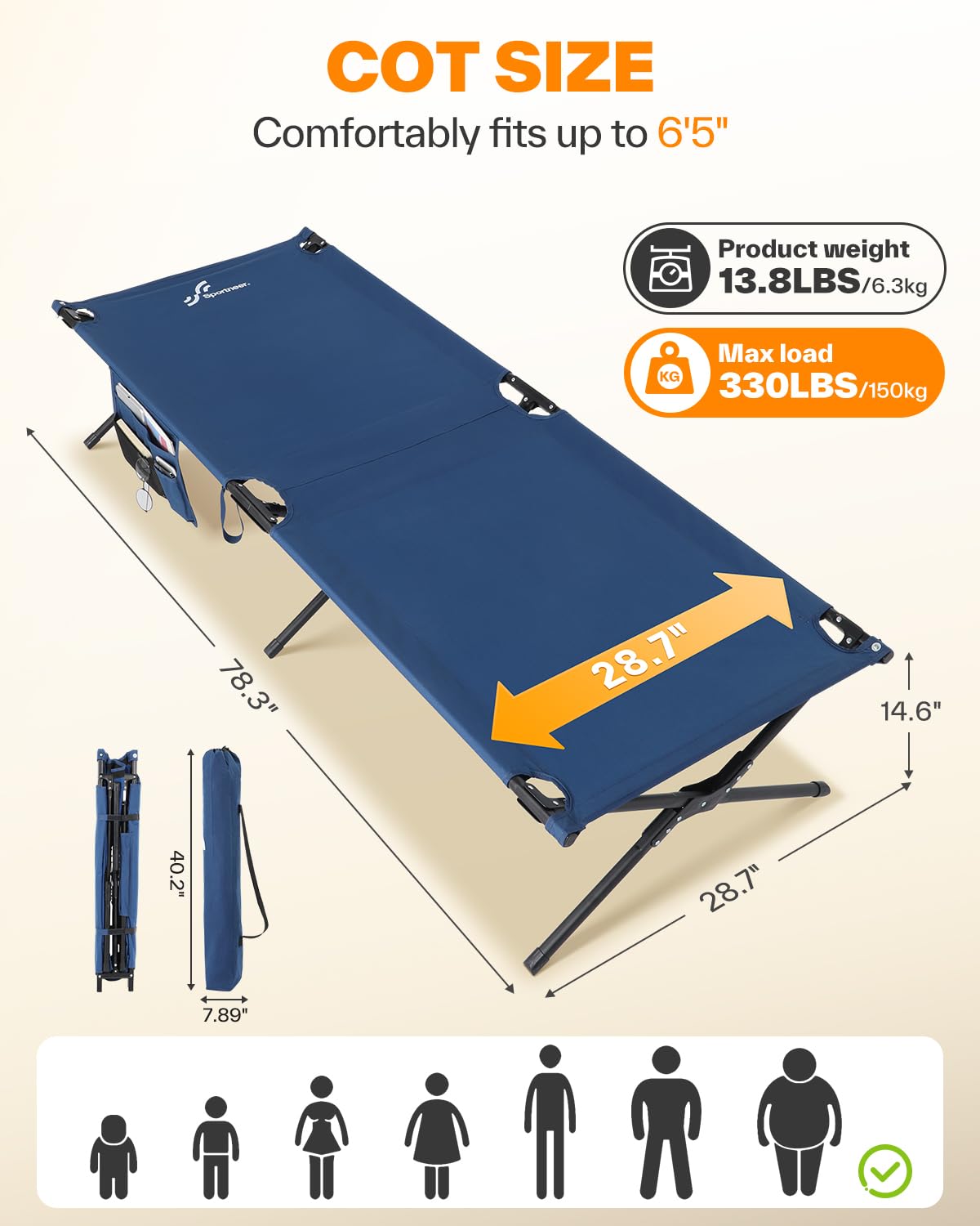 Camping Cot 78.3"x28.7"x14.6" Heavy Duty Folding Bed Support 330 Lbs K984