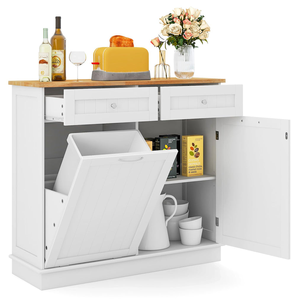 White Wooden Tilt Out Trash Bin Cabinet with Drawers C1500