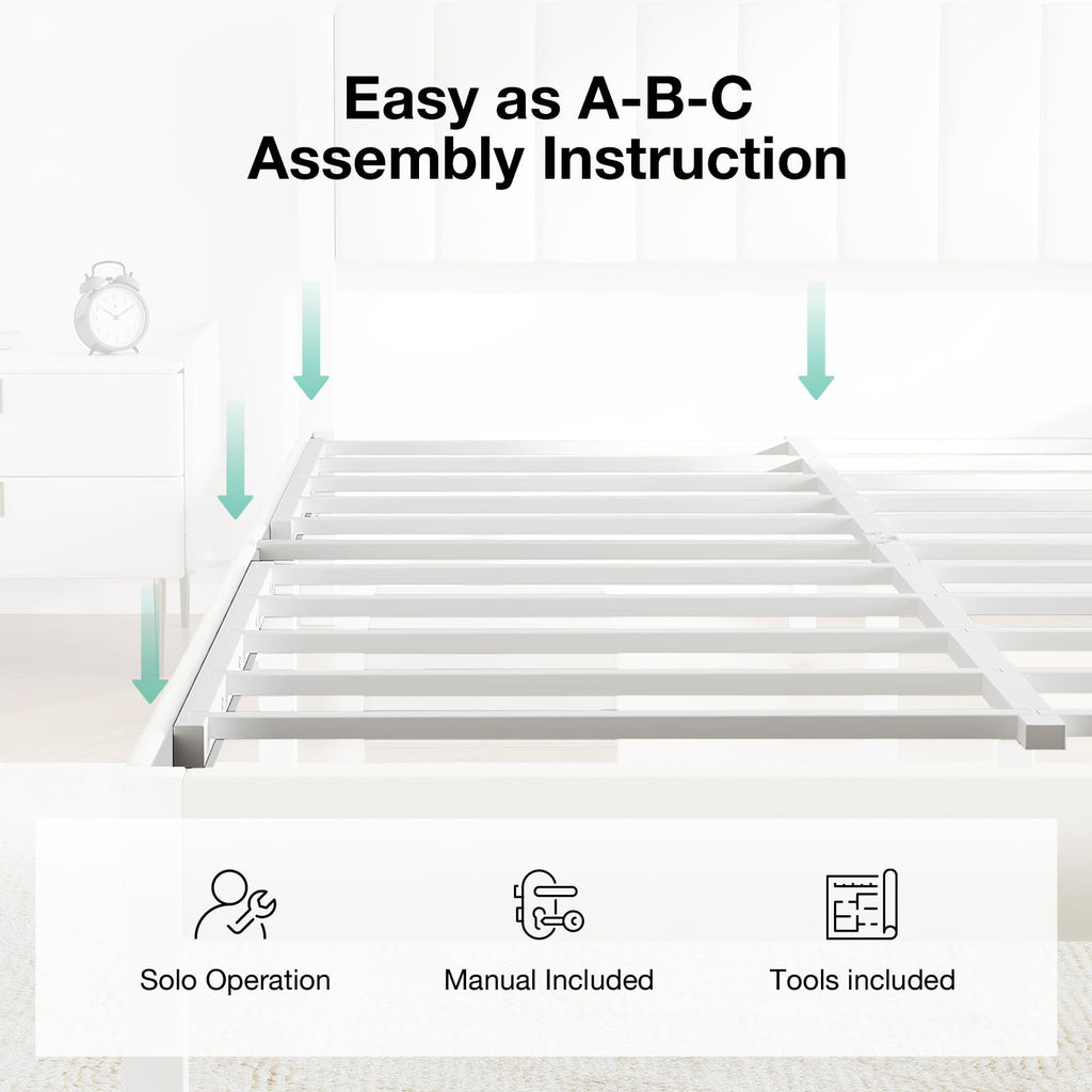 Full Size Metal Platform Bed Frame with Velvet White Headboard X571