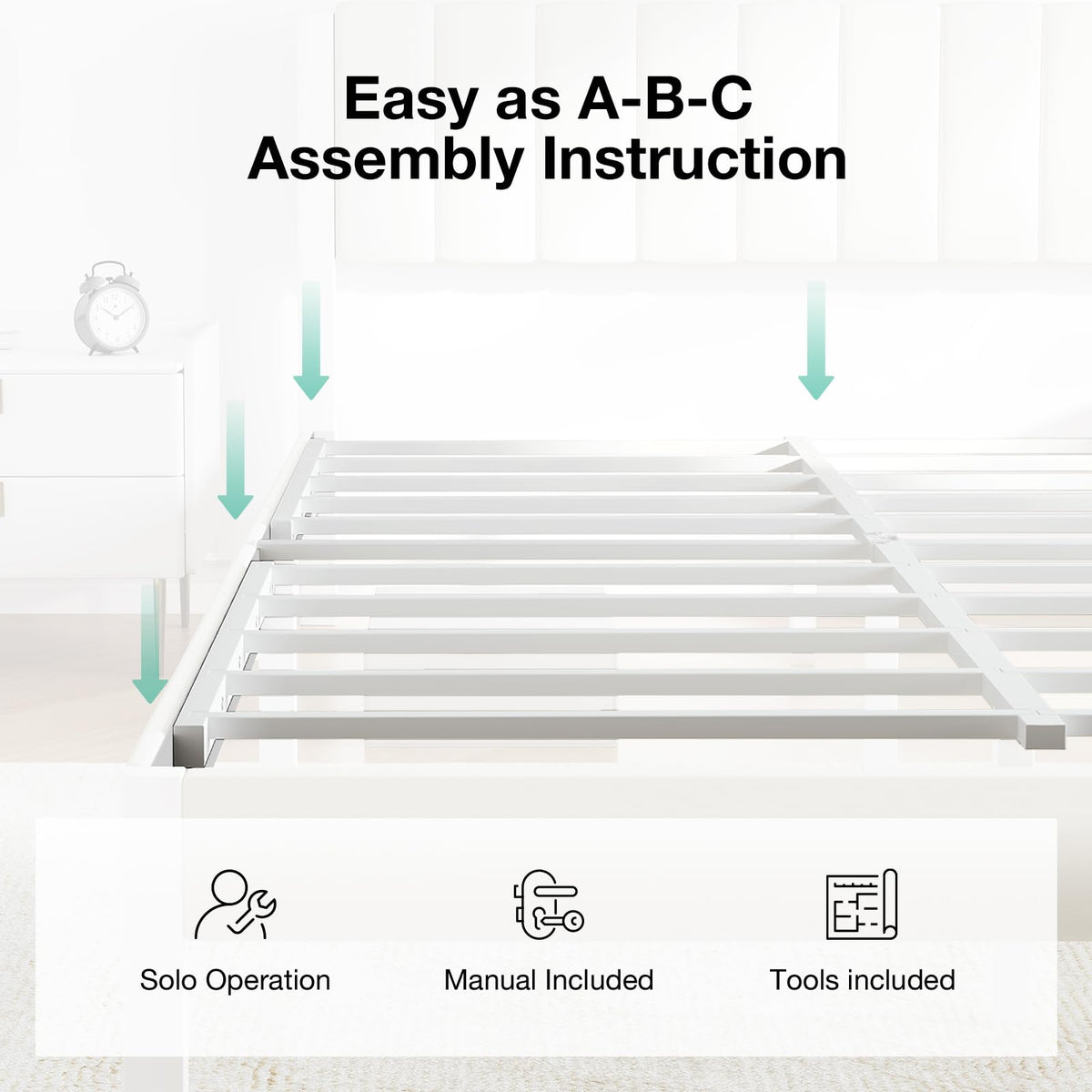 Full Size Metal Platform Bed Frame with Velvet White Headboard X571
