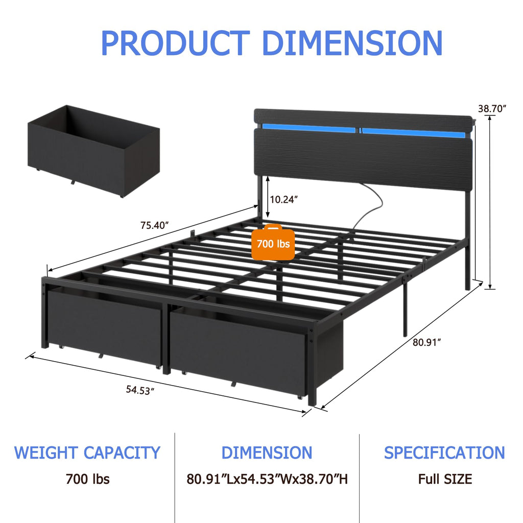 Full Size Bed Frame with Wood Headboard and Storage Drawers D83778