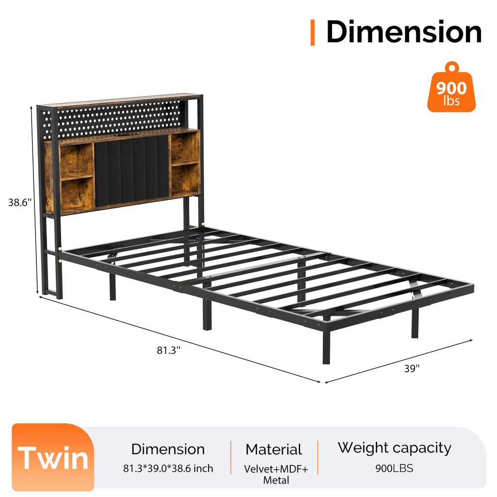Black Twin Metal Floating Bed Frame with Charging Station and LED Lights K664450