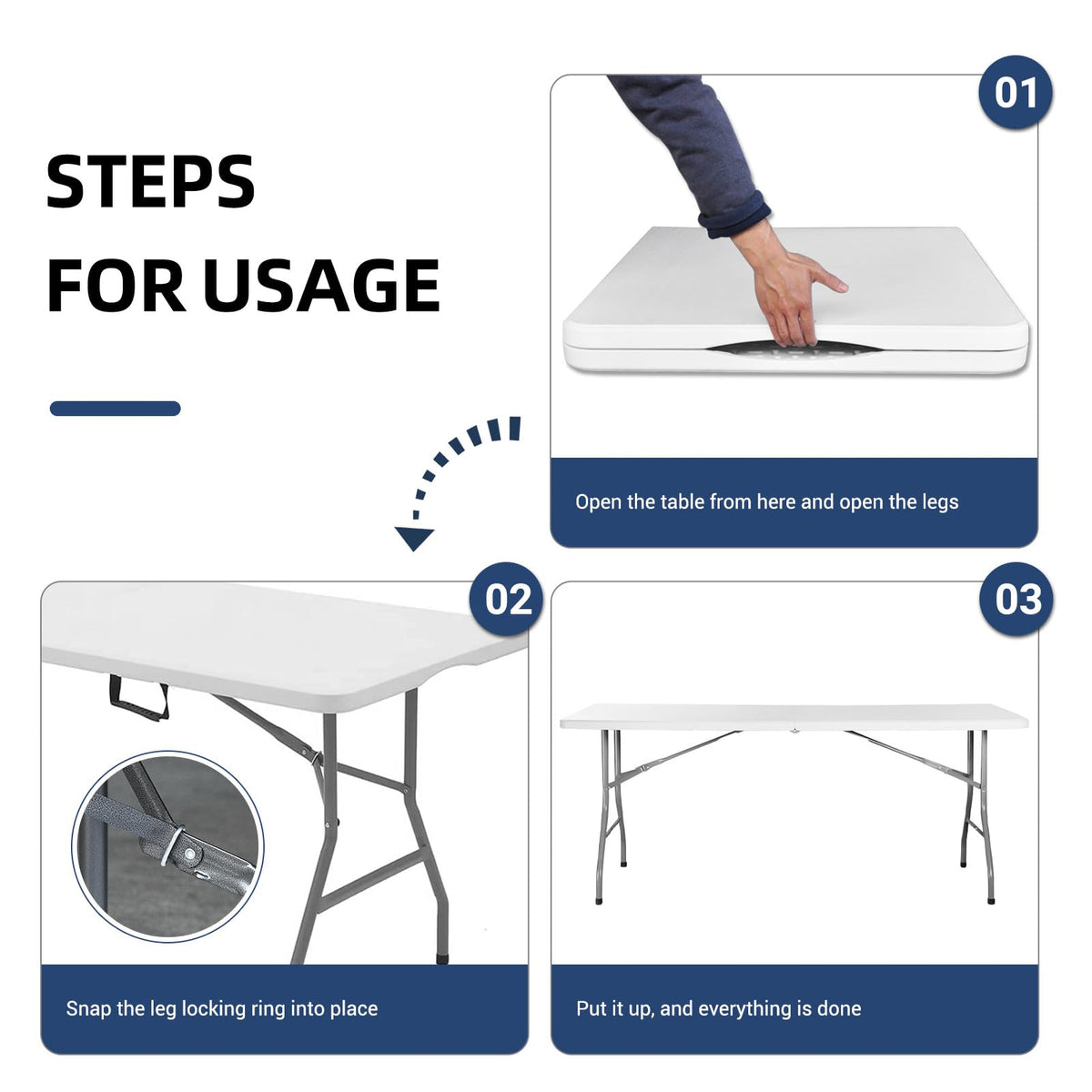 6ft Heavy Duty White Folding Table with Carrying Handle S954
