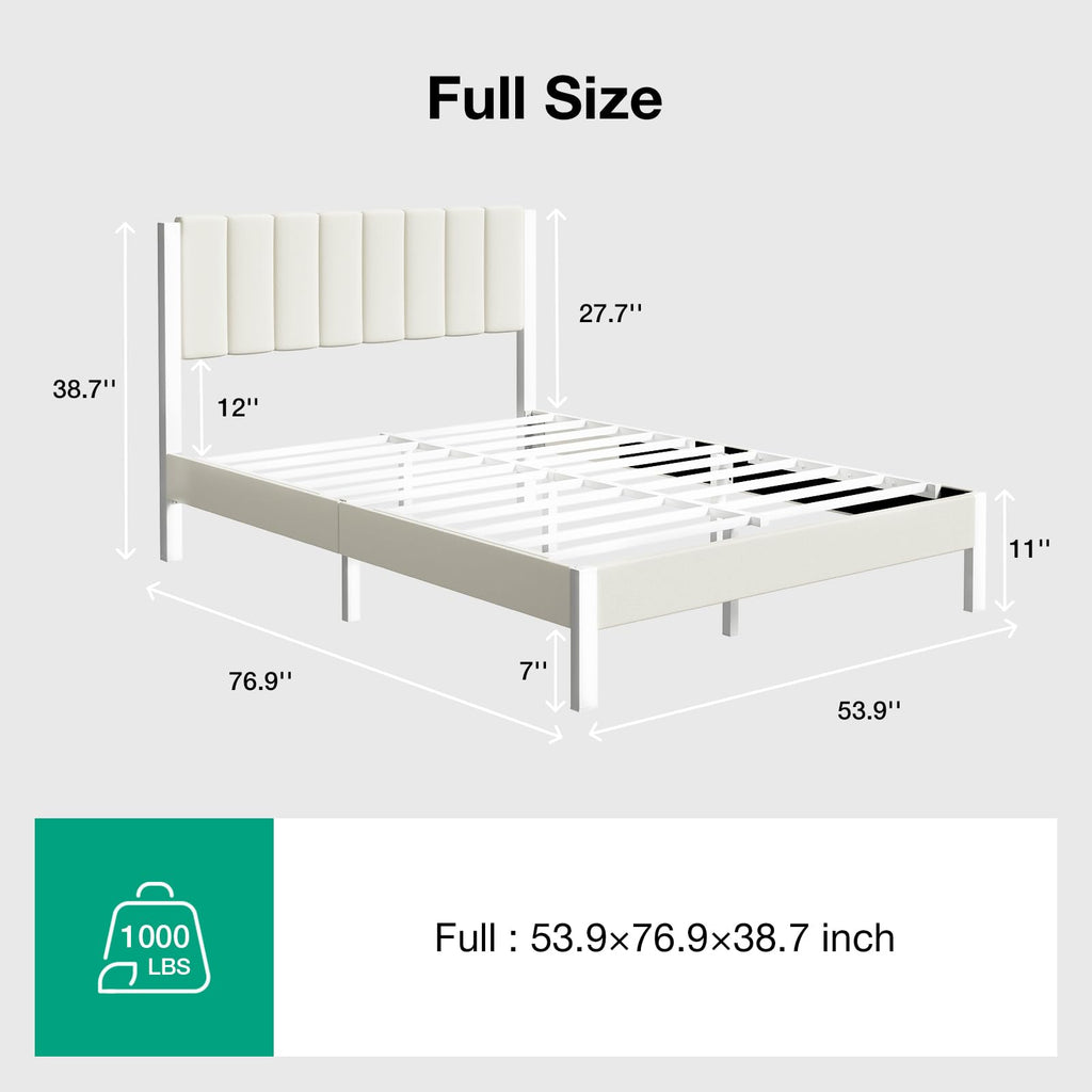 Full Size Metal Platform Bed Frame with Velvet White Headboard X571