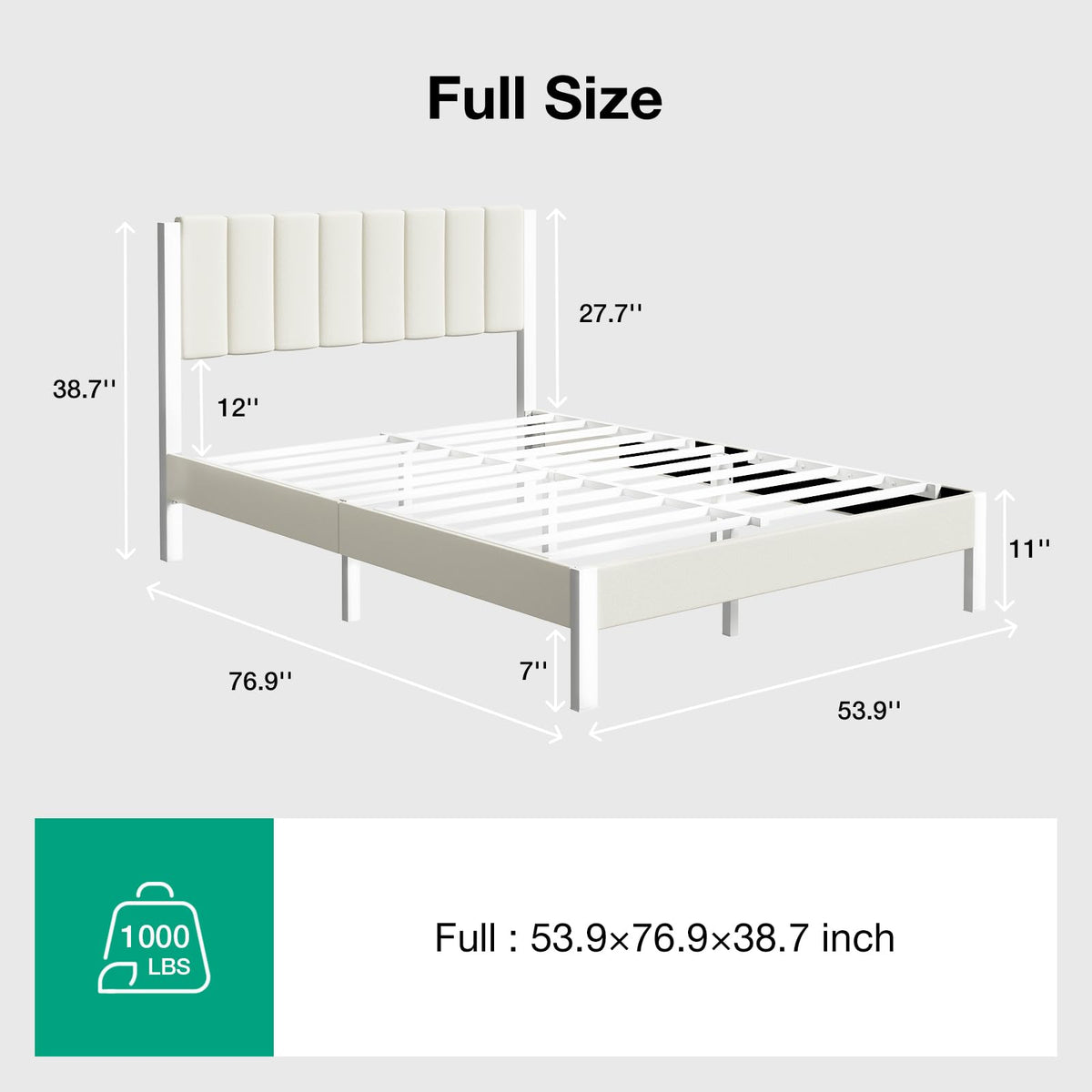 Full Size Metal Platform Bed Frame with Velvet White Headboard X571