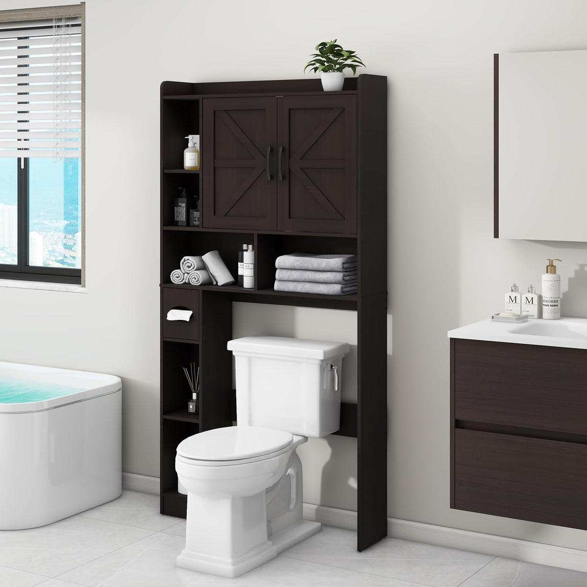 Over The Toilet Storage Cabinet with 2 Barn Doors, Espresso A742180