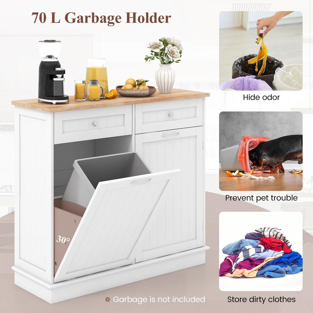 White Wooden Tilt Out Trash Bin Cabinet with Drawers C1500