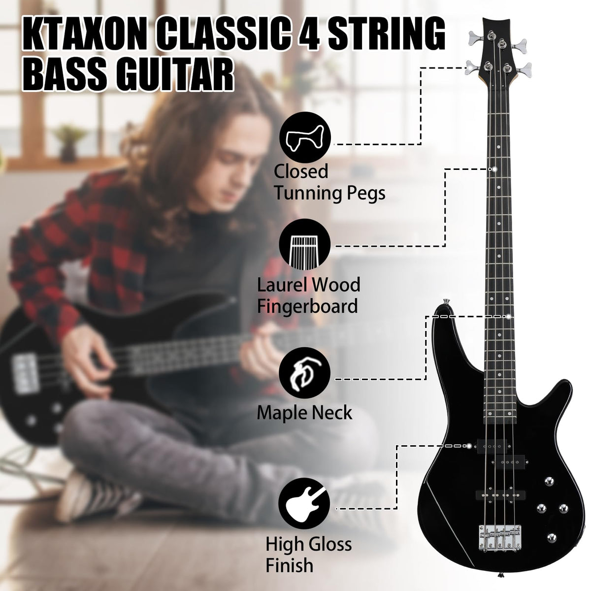 Electric Bass Guitar 4 String Kit Black G884