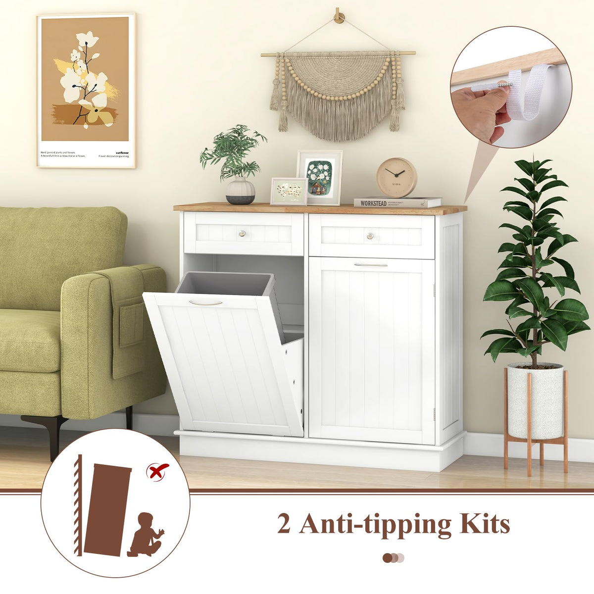 White Wooden Tilt Out Trash Bin Cabinet with Drawers C1500