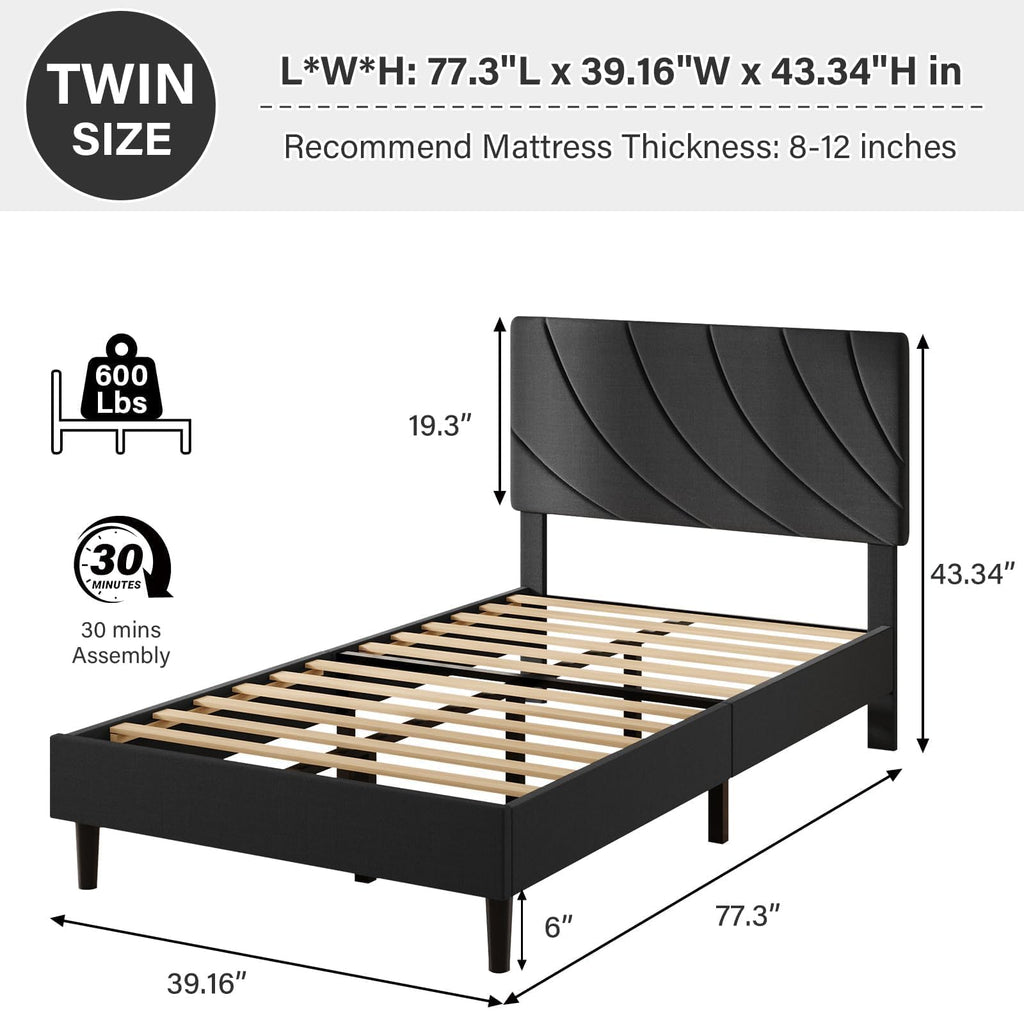 Twin Bed Frame with Adjustable Headboard, Black K669