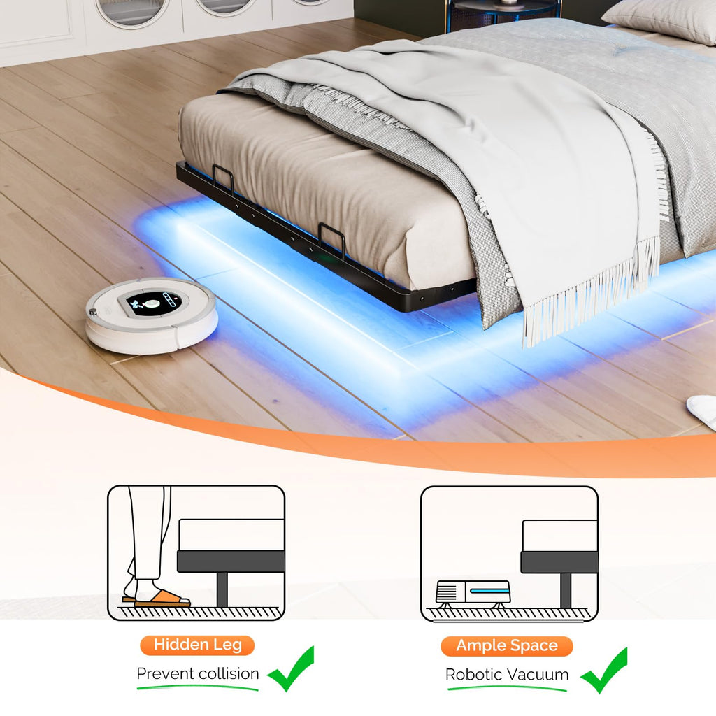 Black Twin Metal Floating Bed Frame with Charging Station and LED Lights K664450