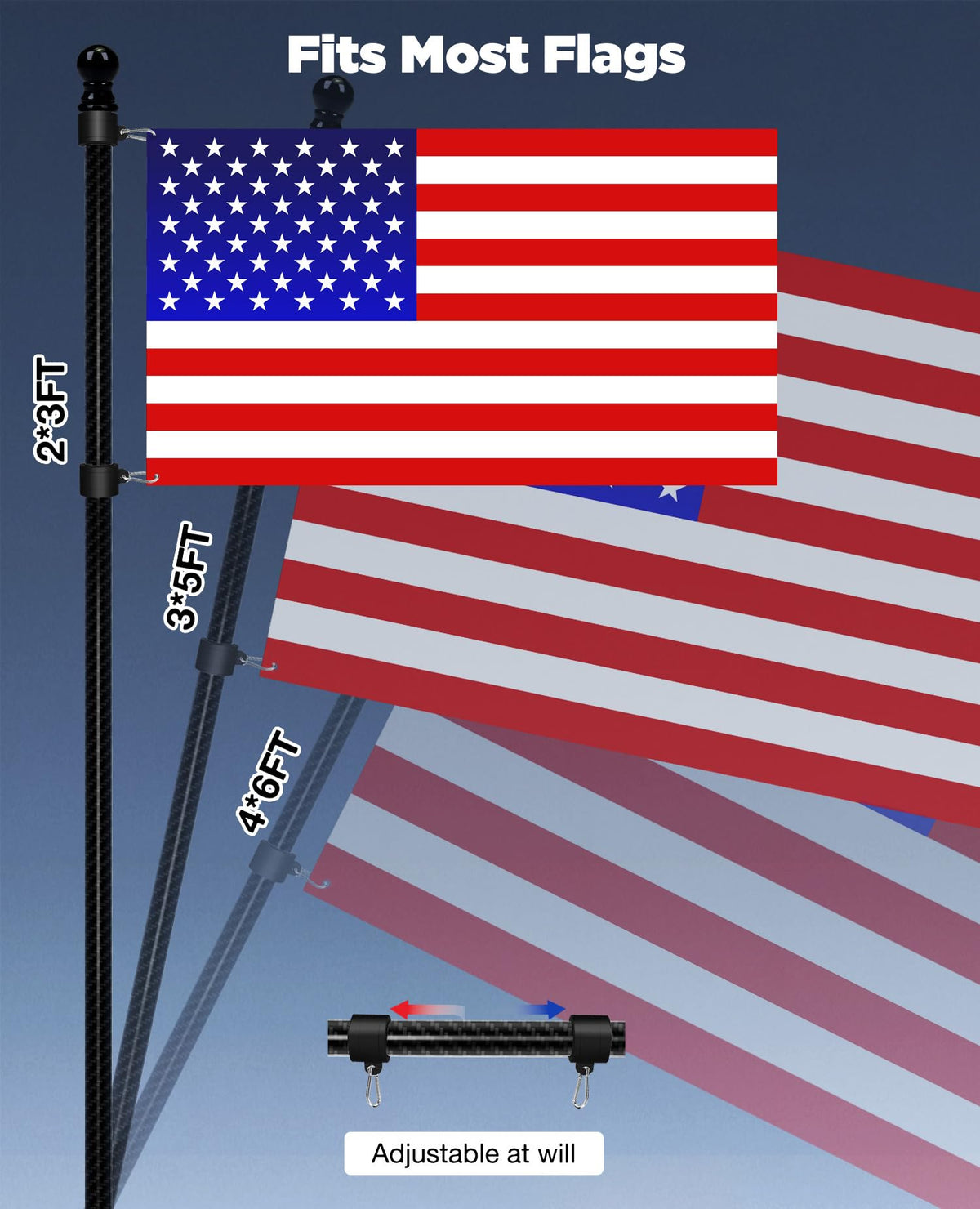 6' Carbon Fiber Flag Pole Kit with USA Flag B2832