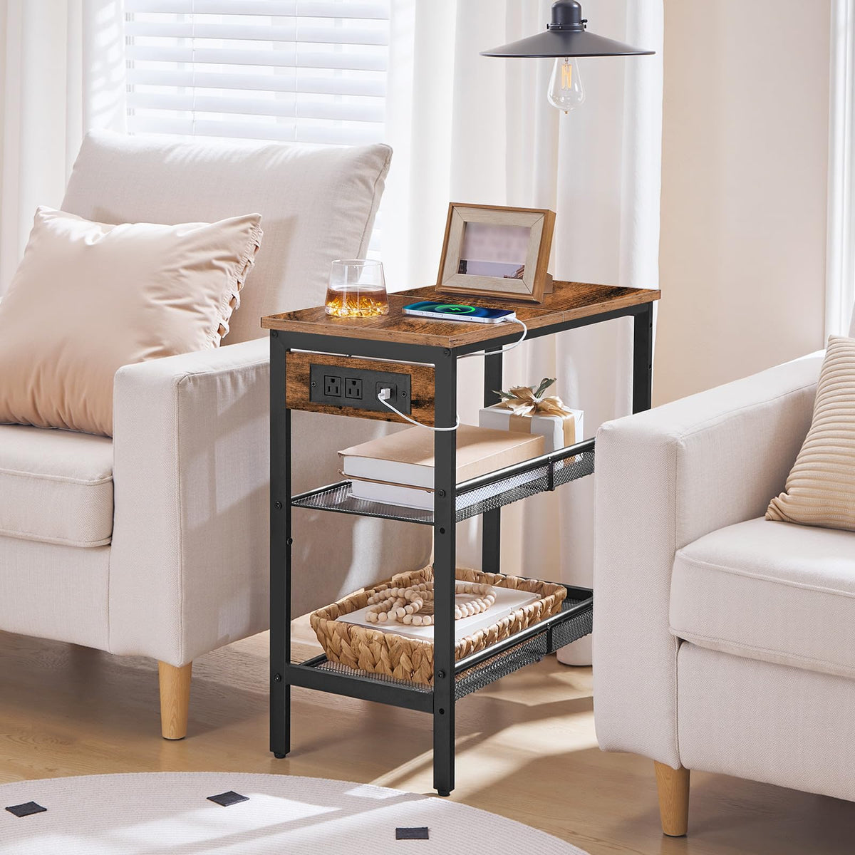 3-Tier Narrow End Table with Charging Station E379