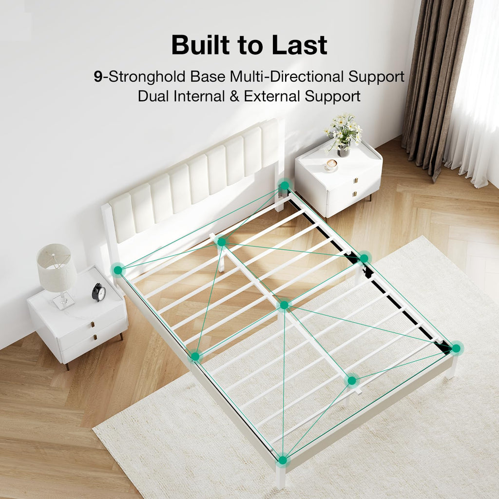 Full Size Metal Platform Bed Frame with Velvet White Headboard X571