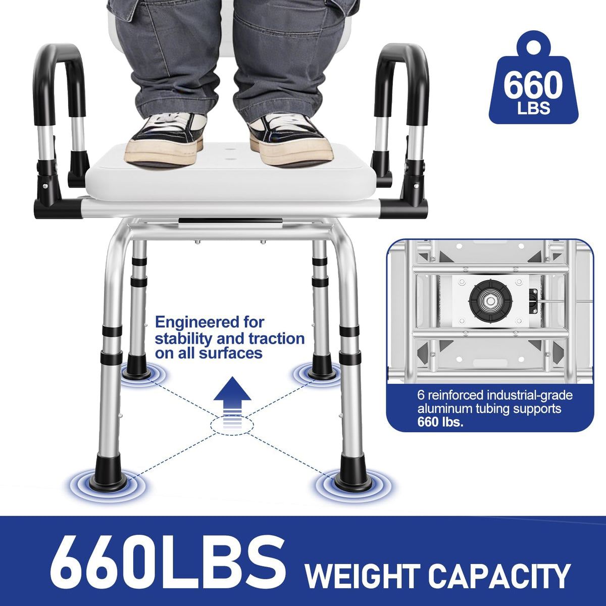 Swivel Shower Chair, 660 LBS, Adjust Height, Pivoting Arms P68517