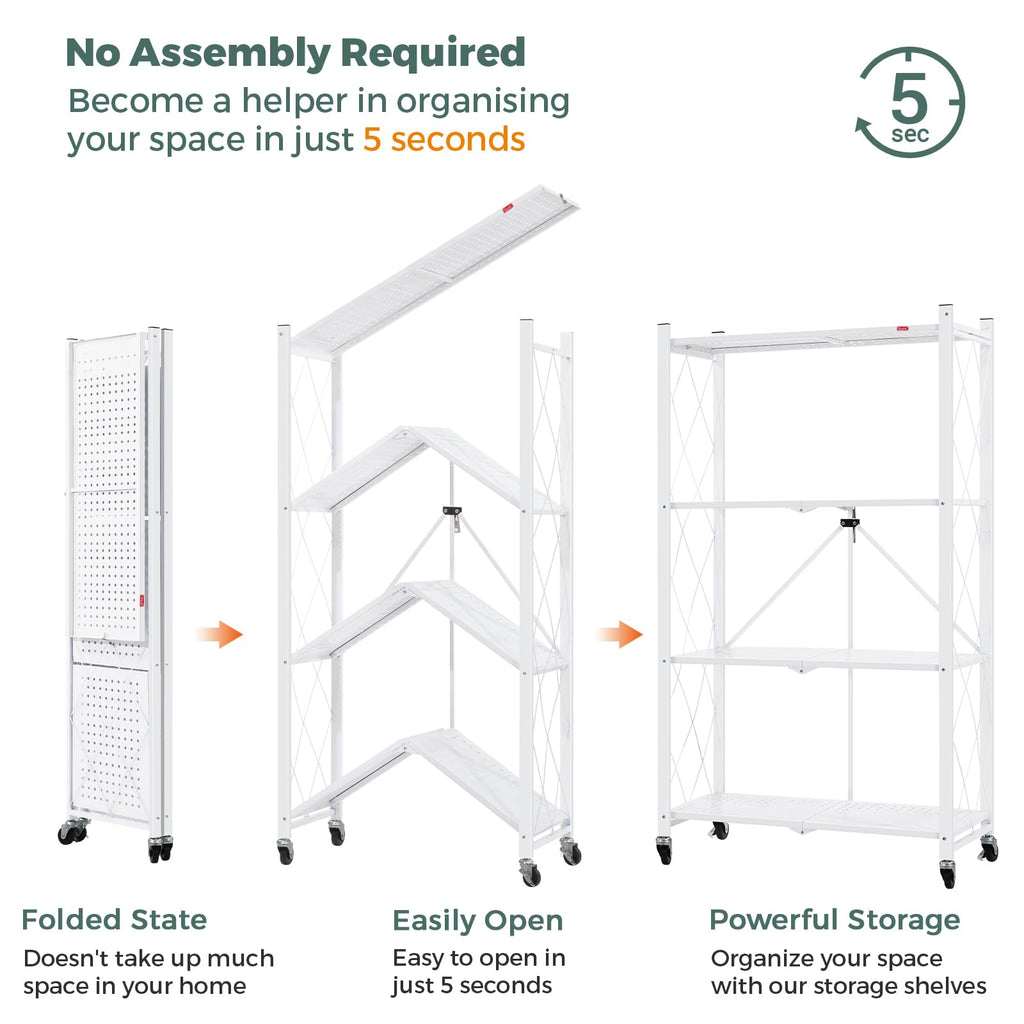 4 Tier White Metal Storage Shelves with Wheels A5607