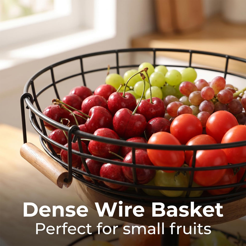2-tier Metal Fruit Basket Bowl with Wooden Base Q76864