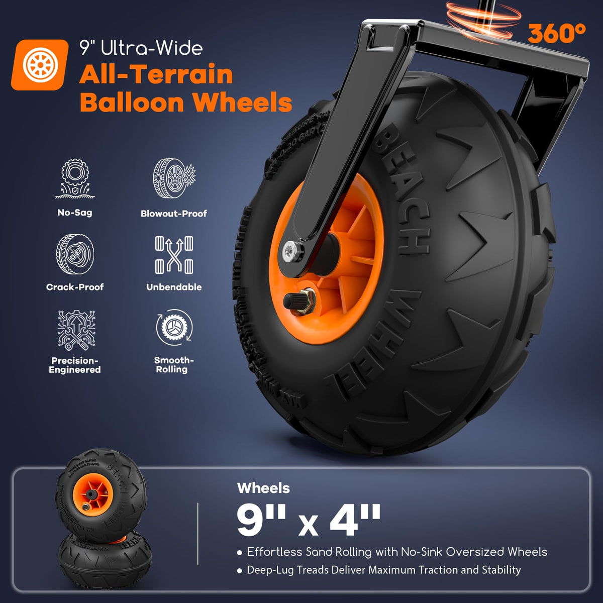 Foldable Beach Wagon with Big Balloon Wheels, 560lbs, Black Q770933