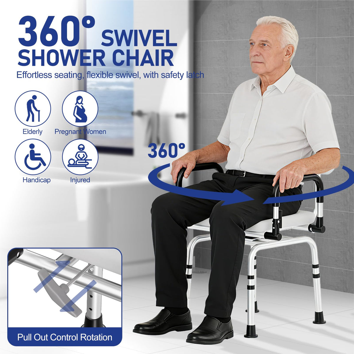 Swivel Shower Chair, 660 LBS, Adjust Height, Pivoting Arms P68517