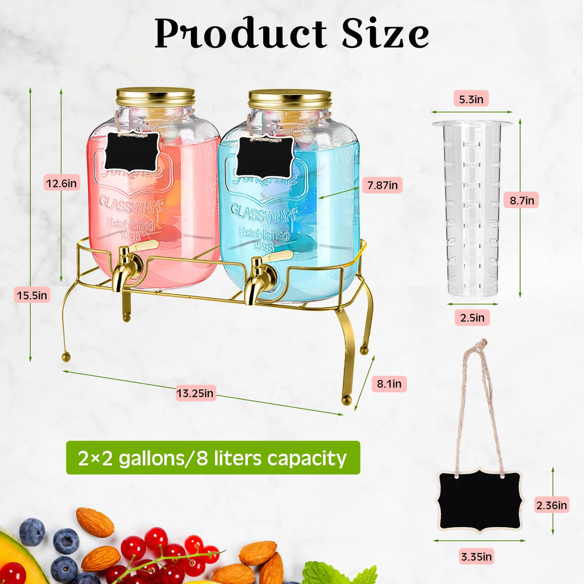 2 Pcs 2 Gallon Glass Drink Dispenser with Stand U2796