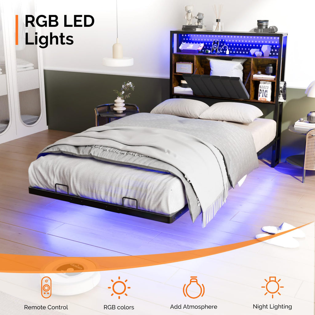 Black Twin Metal Floating Bed Frame with Charging Station and LED Lights K664450