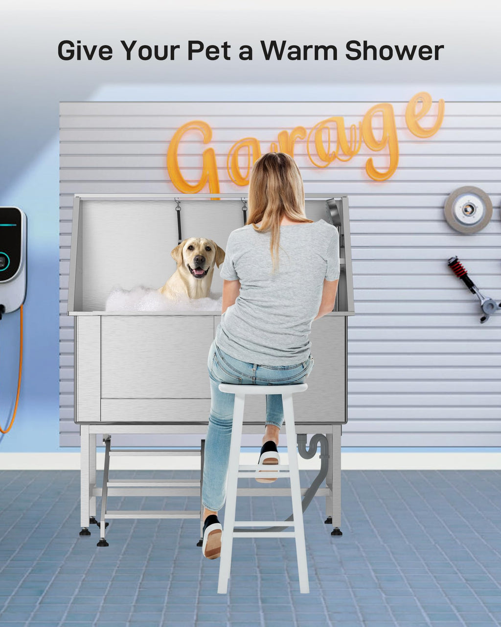 Stainless Steel Dog Grooming Bathtub with Removable Ramp V715
