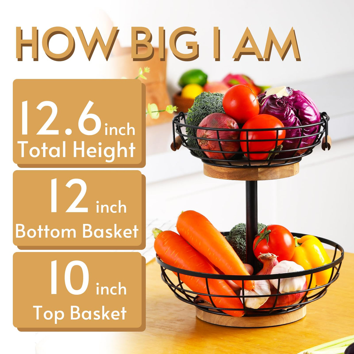 2-tier Metal Fruit Basket Bowl with Wooden Base Q76864