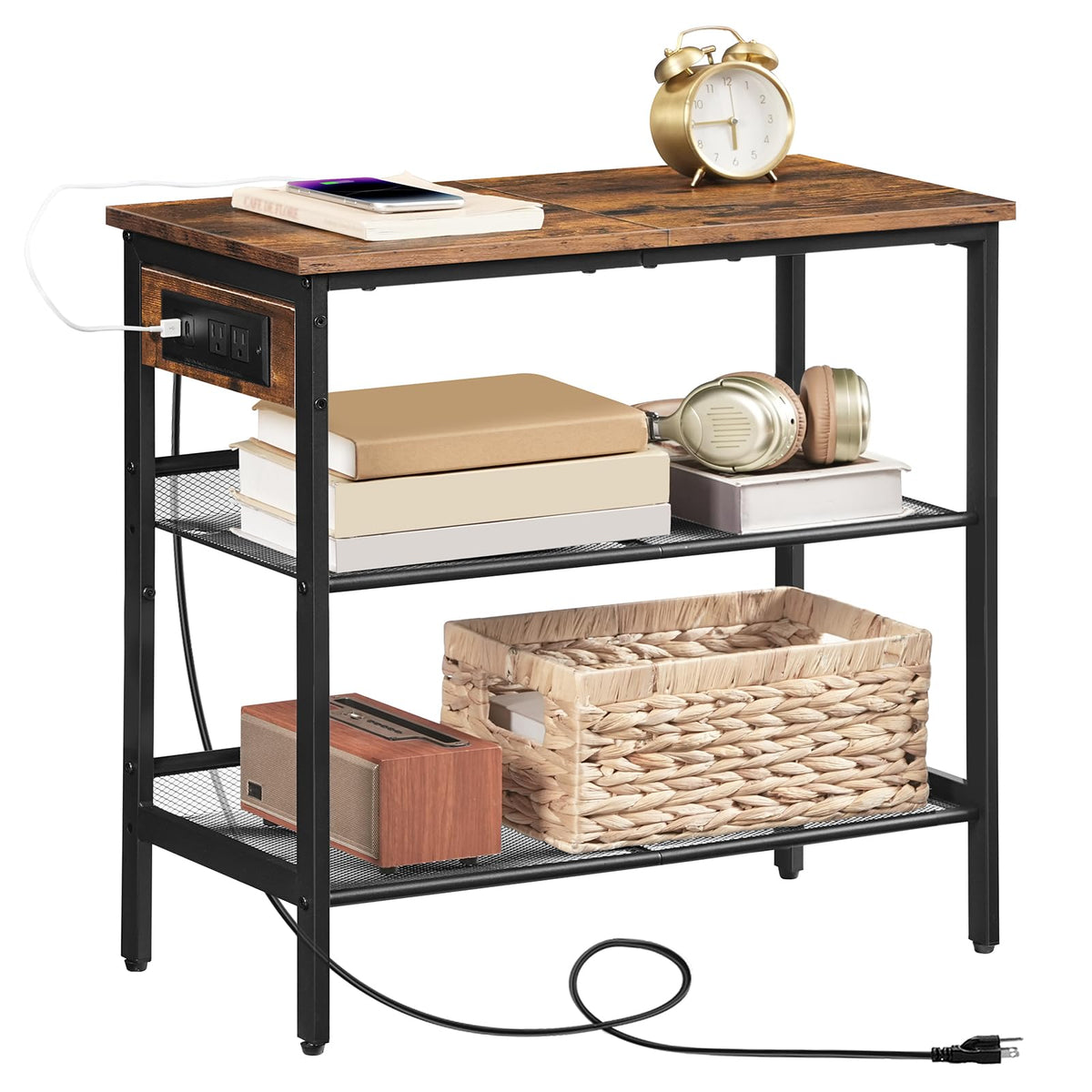 3-Tier Narrow End Table with Charging Station E379