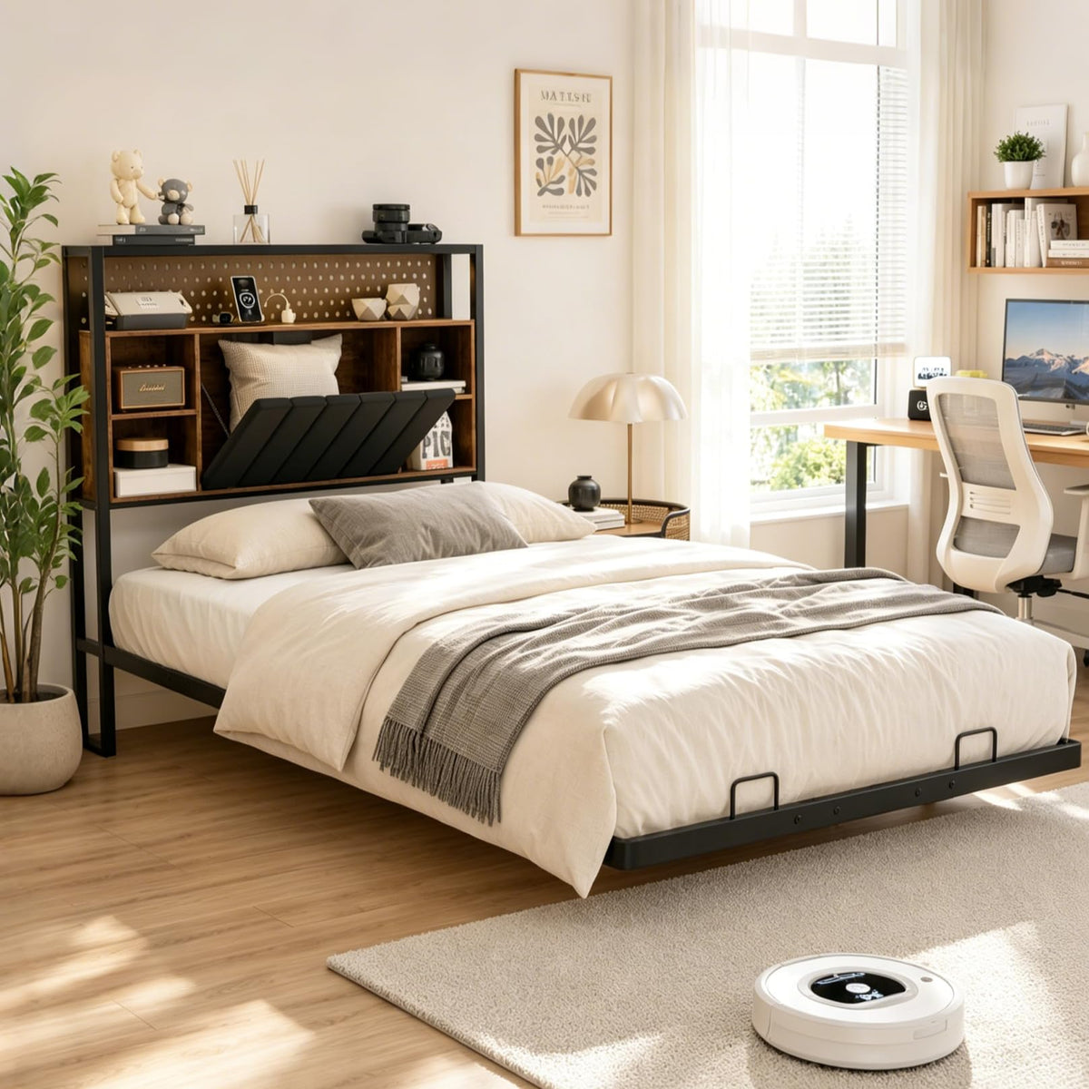Black Twin Metal Floating Bed Frame with Charging Station and LED Lights K664450