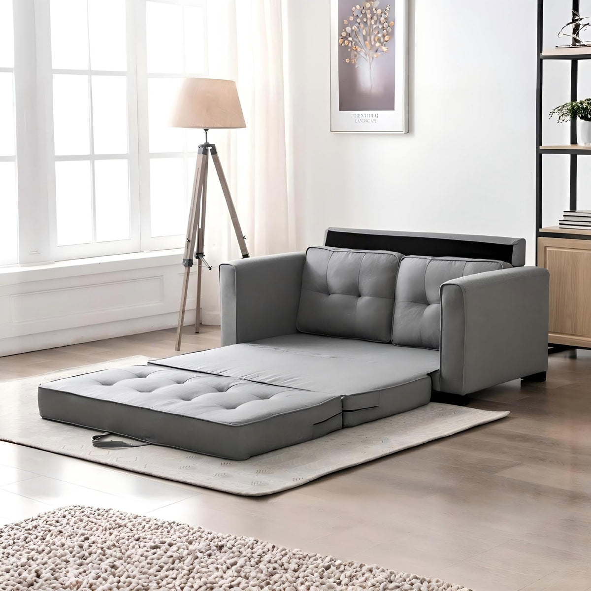Light Gray Tufted Pull-Out Sleeper Loveseat A649