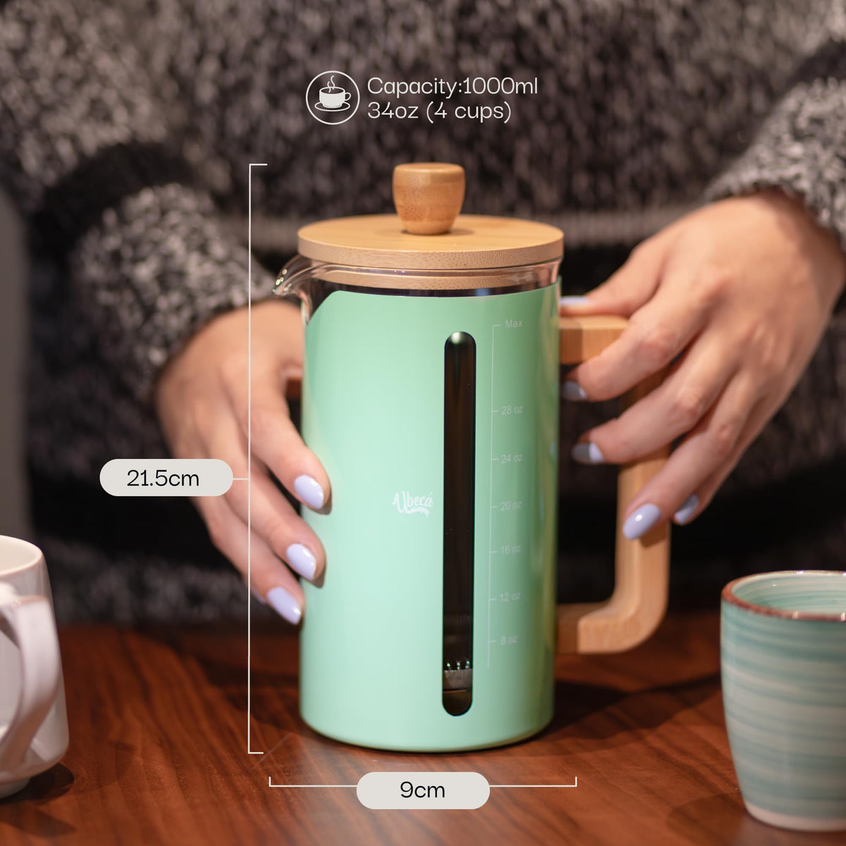 34 oz Mint Green Borosilicate Glass French Press F676