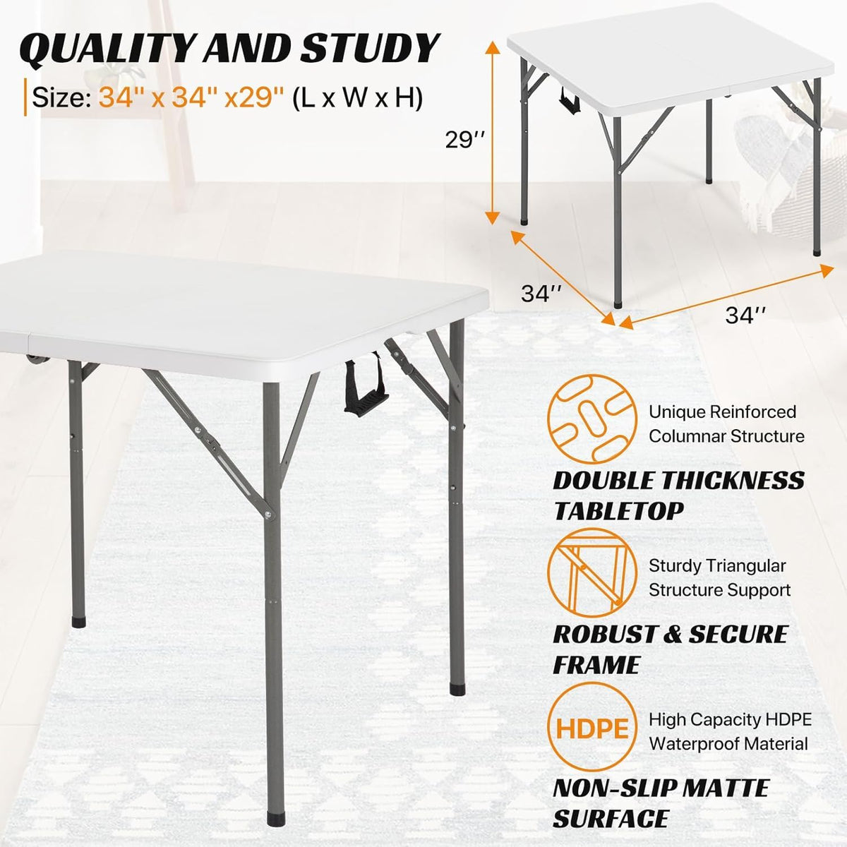34'' White Folding Card Table with Handle & Steel Legs T919035