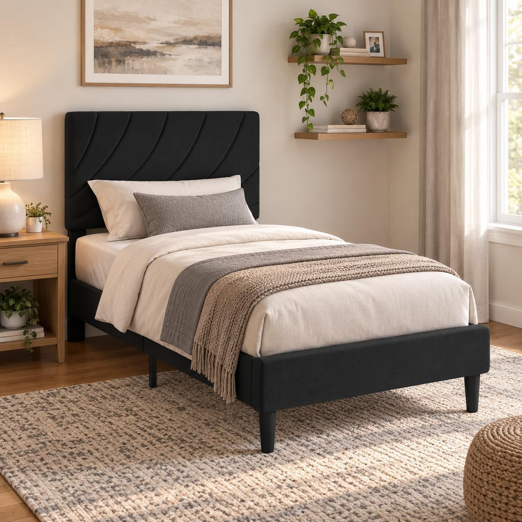 Twin Bed Frame with Adjustable Headboard, Black K669