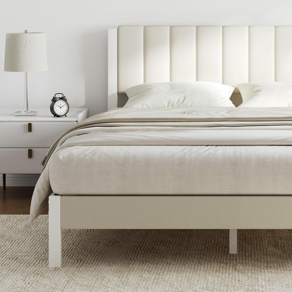 Full Size Metal Platform Bed Frame with Velvet White Headboard X571