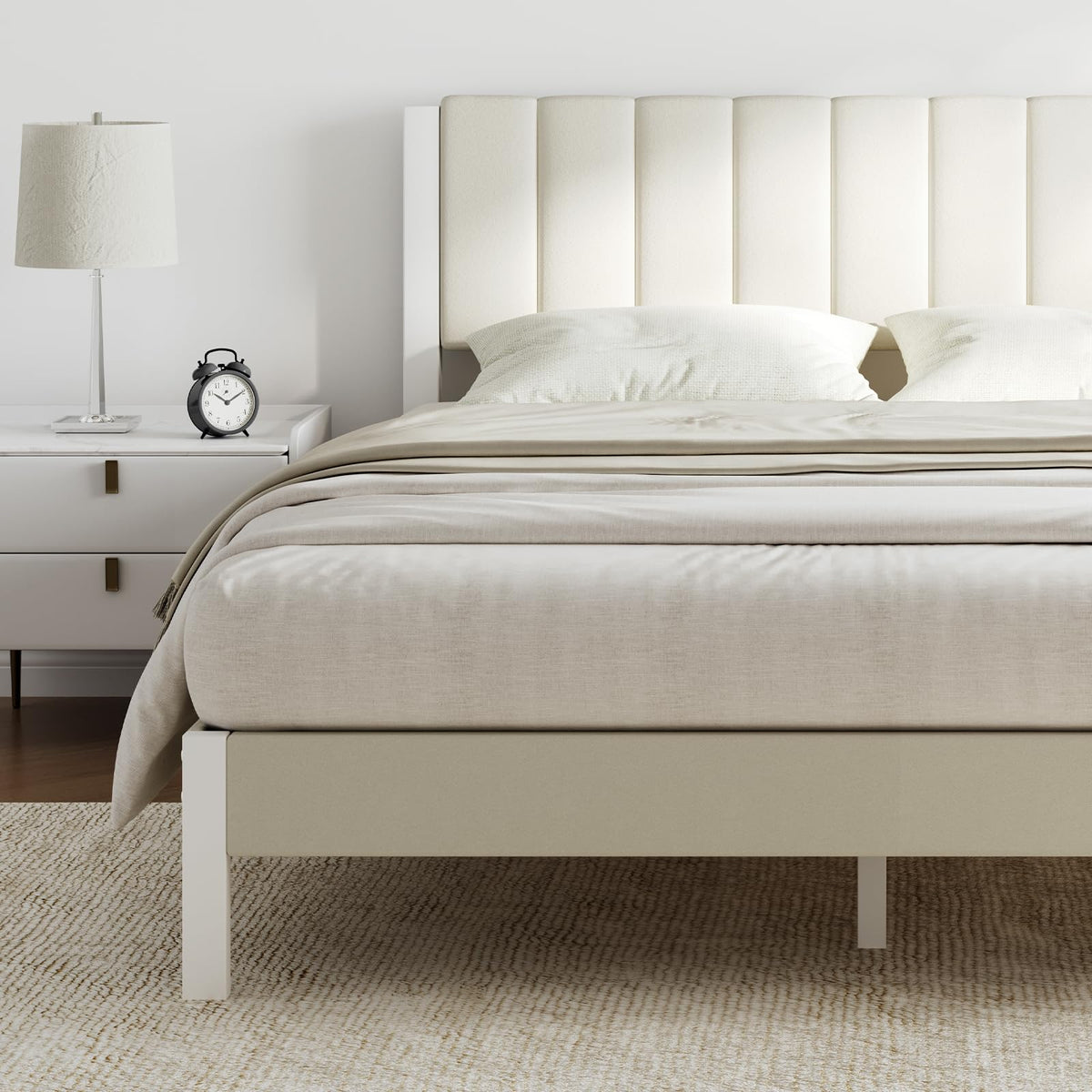 Full Size Metal Platform Bed Frame with Velvet White Headboard X571