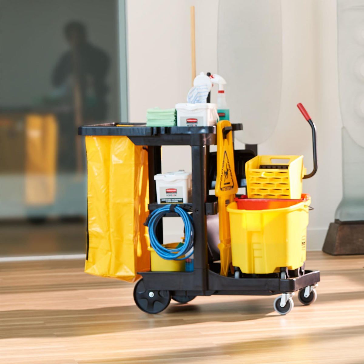 3-Shelf Wheeled Cleaning Cart with Yellow Vinyl Bag B45943