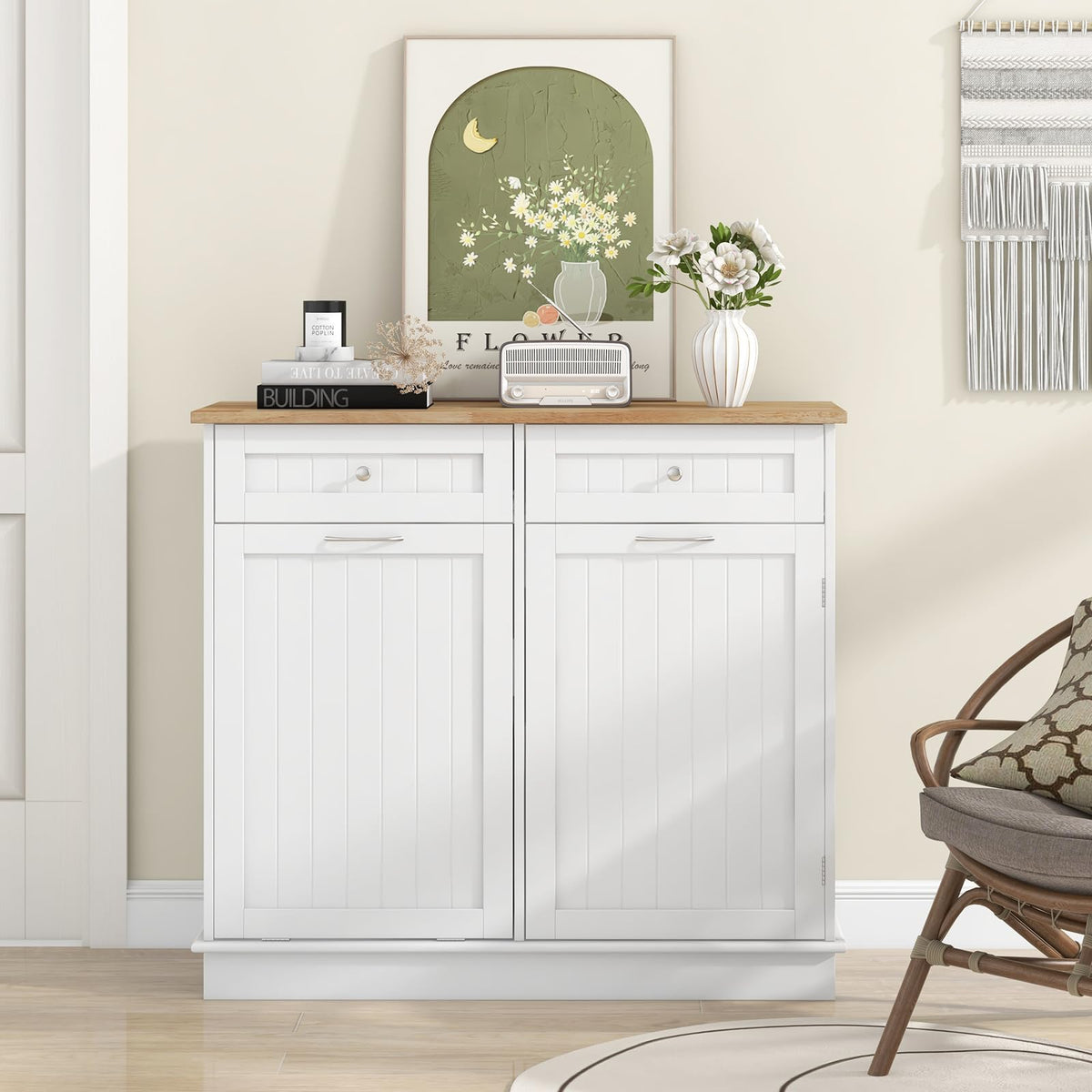 White Wooden Tilt Out Trash Bin Cabinet with Drawers C1500