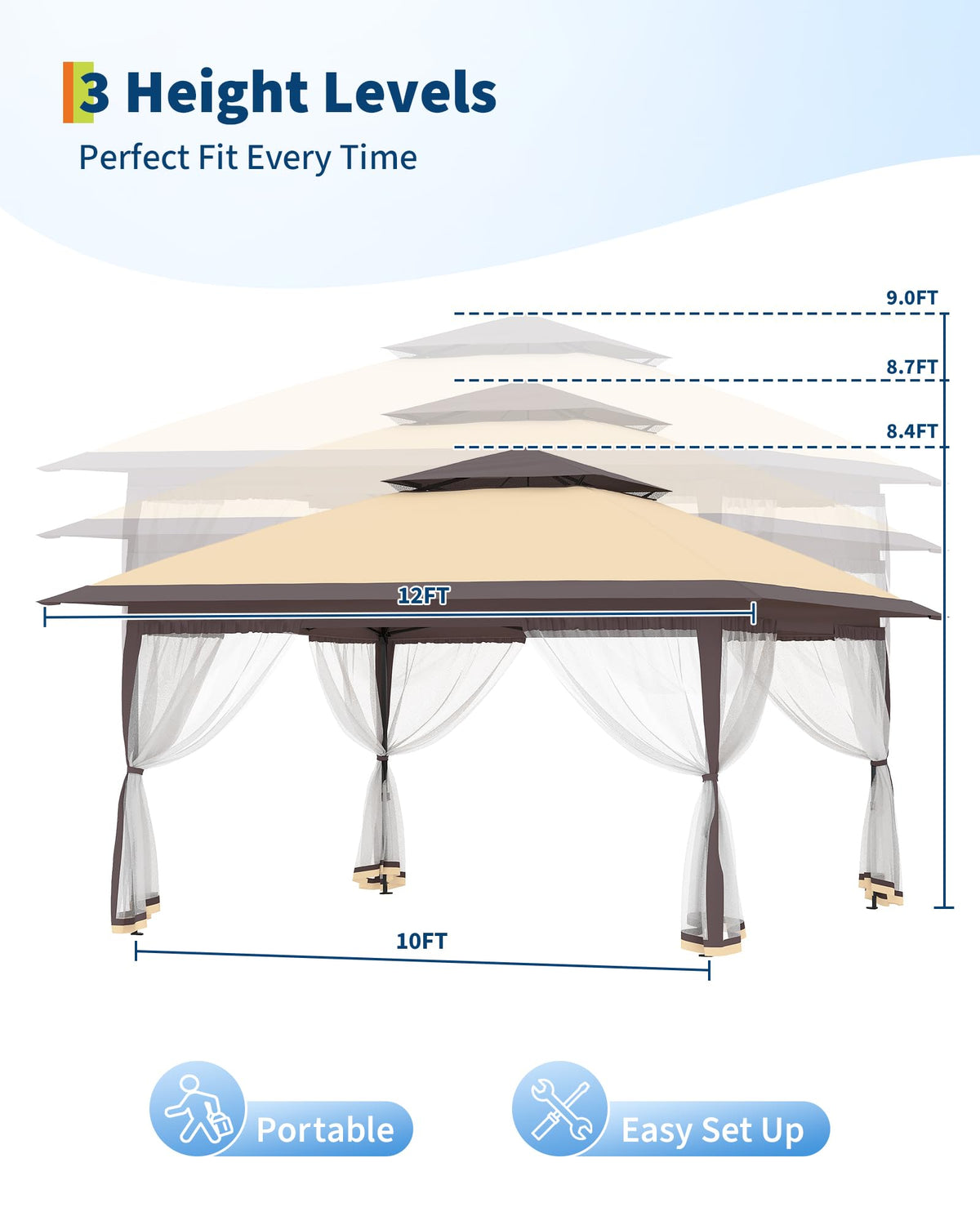12x12FT Pop Up Gazebo with Mosquito Netting, Khaki & Coffee O733843