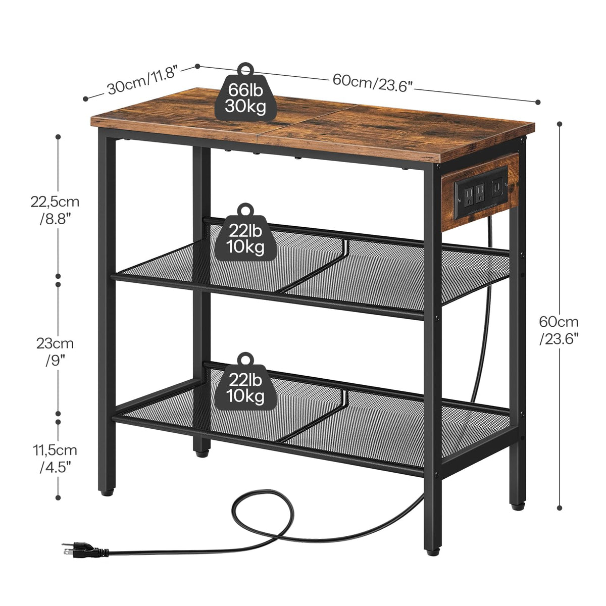 3-Tier Narrow End Table with Charging Station E379