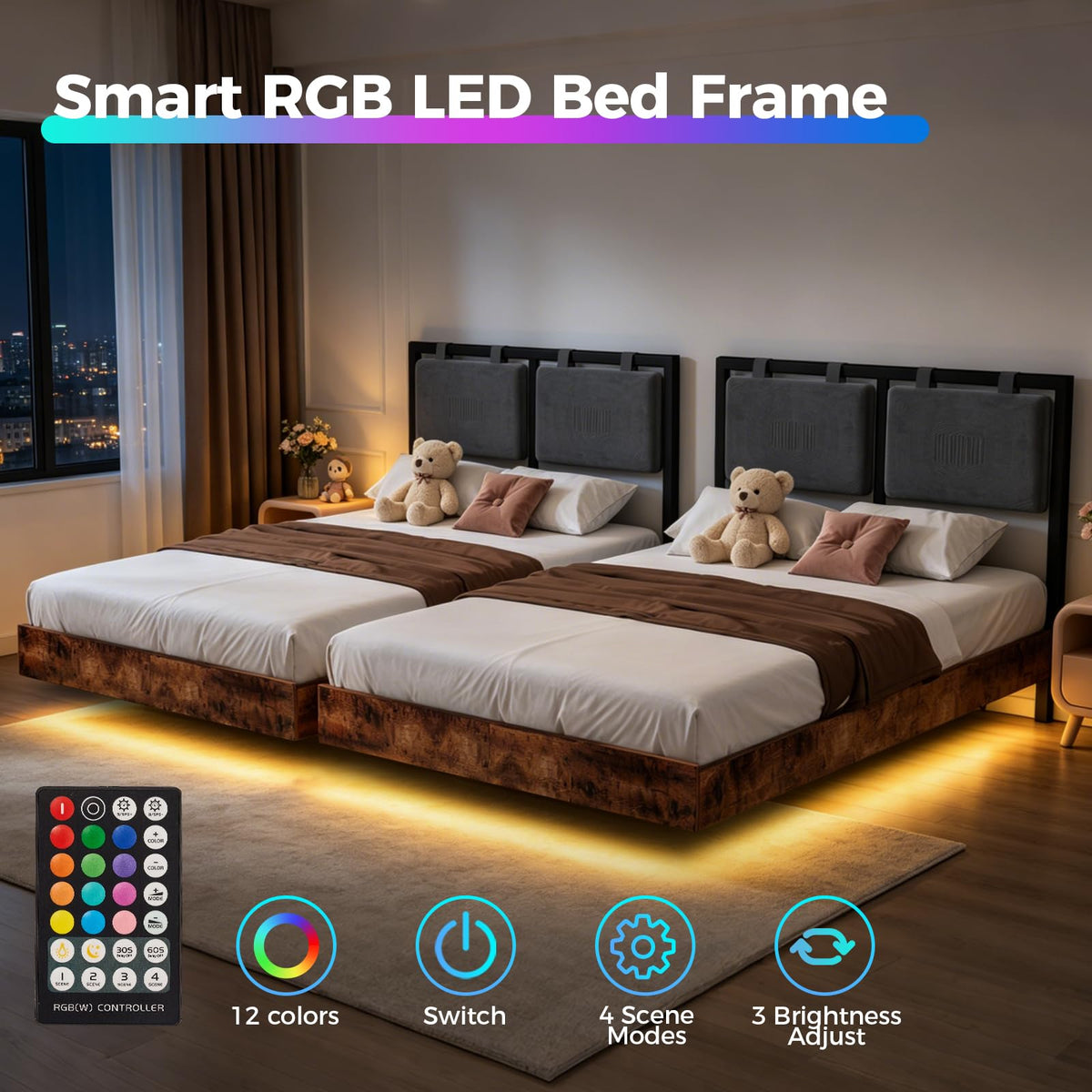 Full Size Floating Bed Frame with LED Lights and Adjustable Headboard Y496