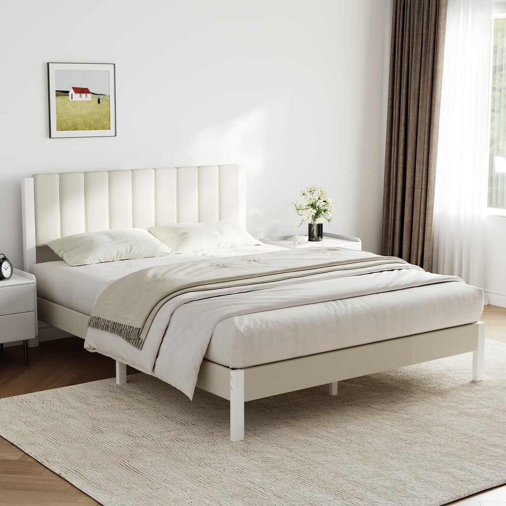 Full Size Metal Platform Bed Frame with Velvet White Headboard X571