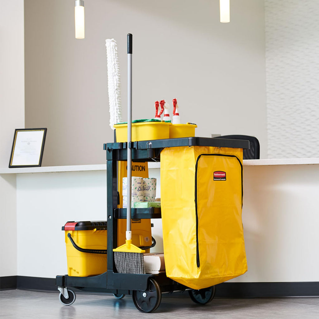 3-Shelf Wheeled Cleaning Cart with Yellow Vinyl Bag B45943