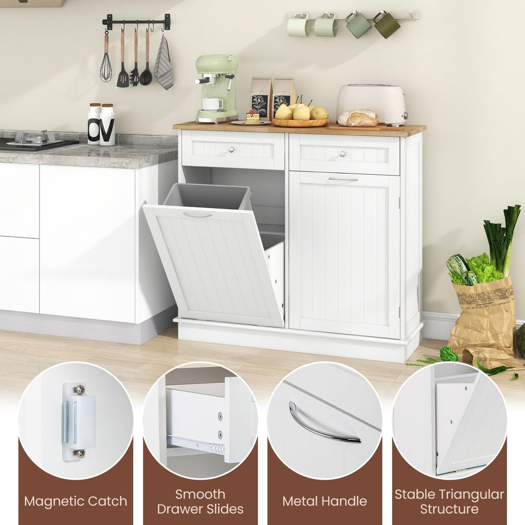 White Wooden Tilt Out Trash Bin Cabinet with Drawers C1500