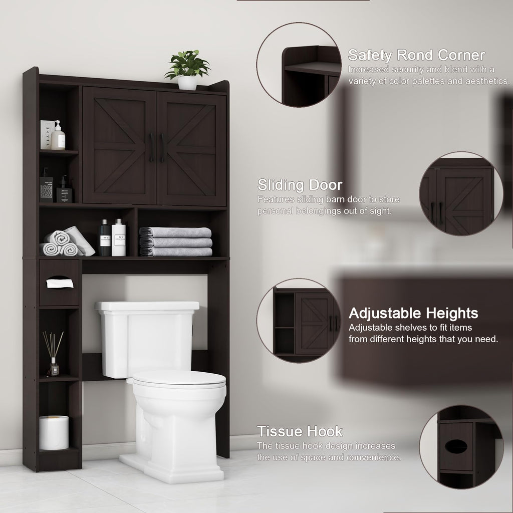 Over The Toilet Storage Cabinet with 2 Barn Doors, Espresso A742180