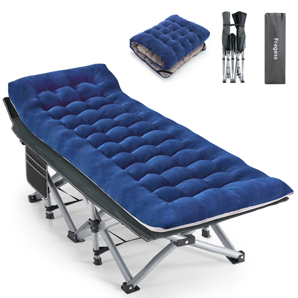 Blue Camping Cot with Cushion, Pillow and Carry Bag O19988