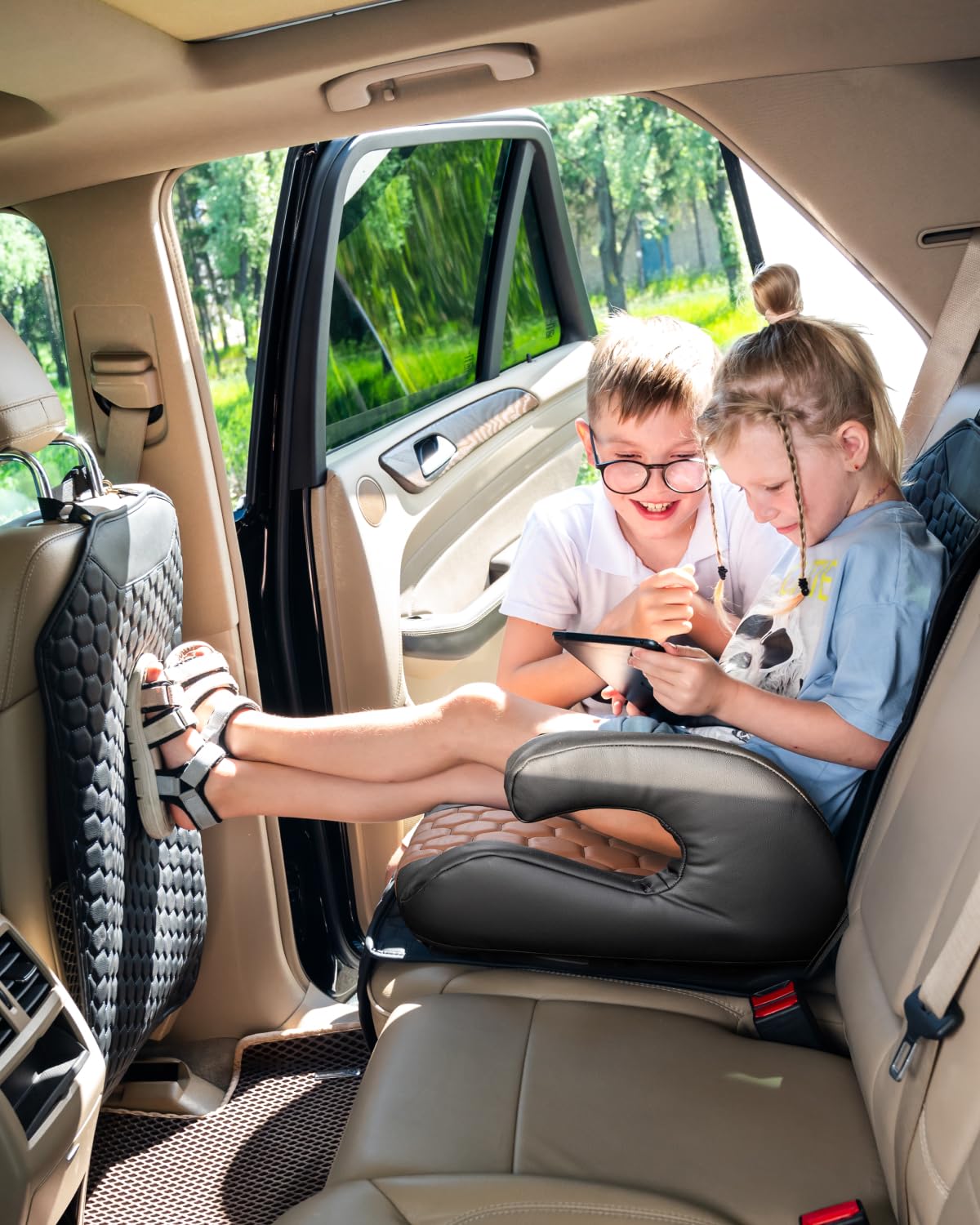 Black-Brown Backless Booster with Latch, Seat Protector & Backseat Organizer H455708