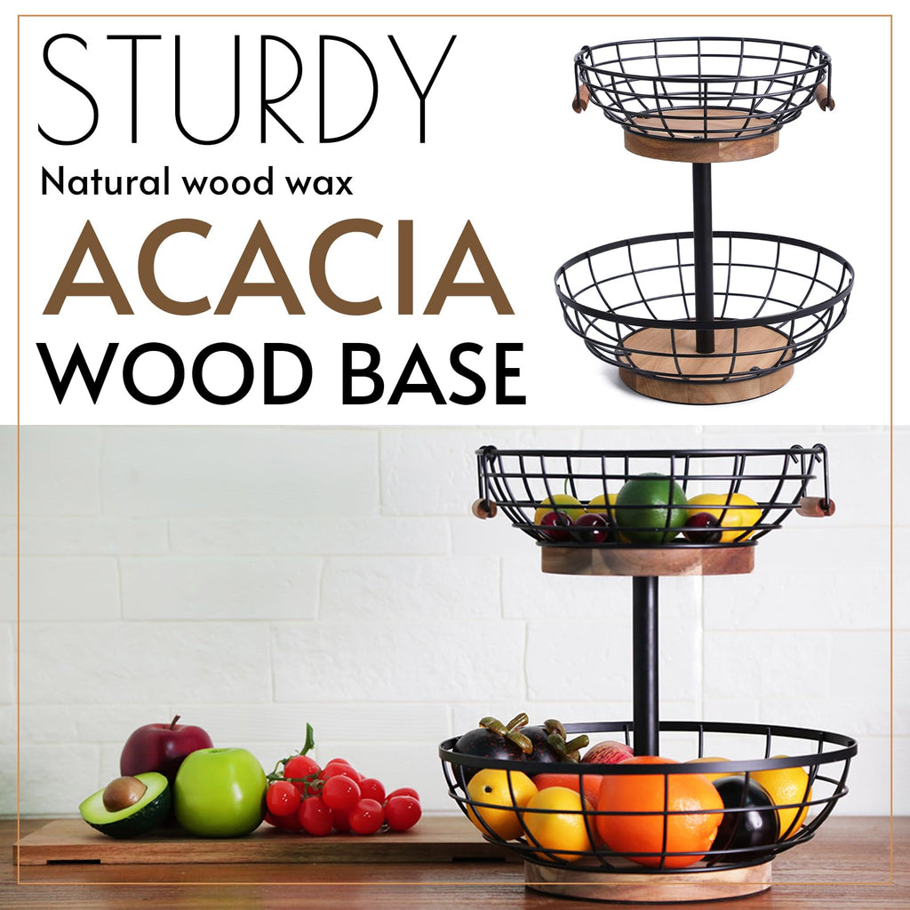 2-tier Metal Fruit Basket Bowl with Wooden Base Q76864