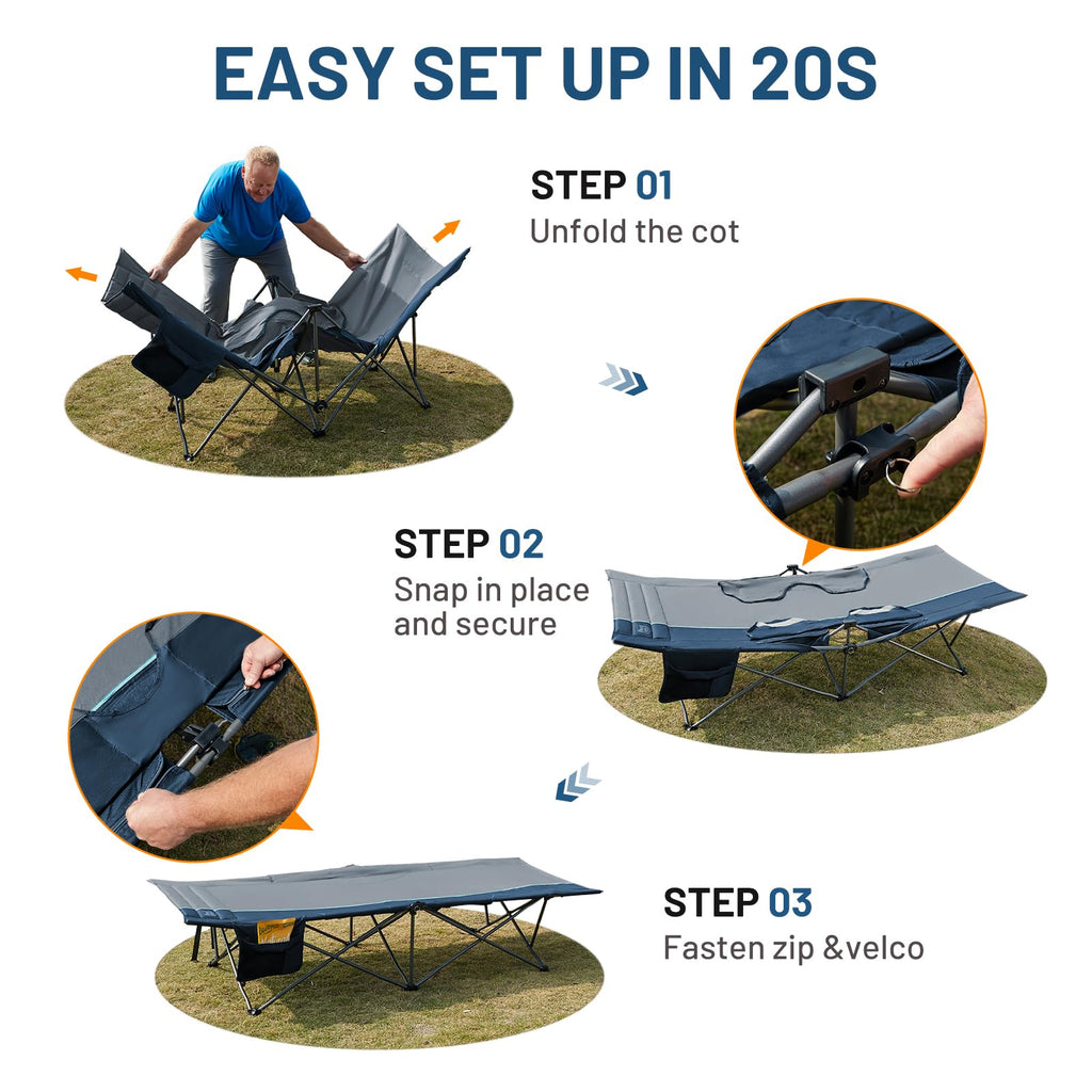 31.8" Extra Wide Heavy Duty Camping Cot with Carry Bag, Blue, 2 Pack R117