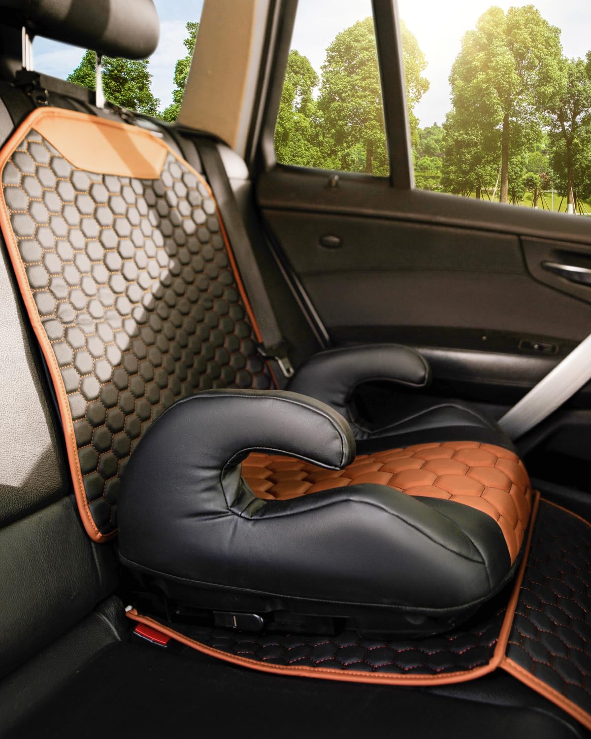 Black-Brown Backless Booster with Latch, Seat Protector & Backseat Organizer H455708
